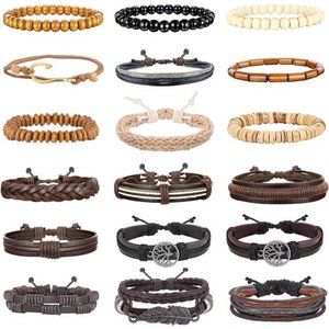 18pc Braided Leather Bracelets for Men Women Woven Cuff Wrap Bracelet Wood Beads